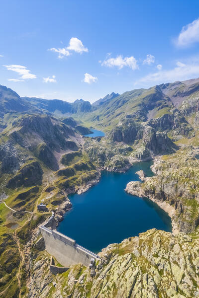 Aerial view of the Lago Nero during summer time. Valgoglio, Val Seriana, Bergamo district, Lombardy, Italy, Southern Europe.