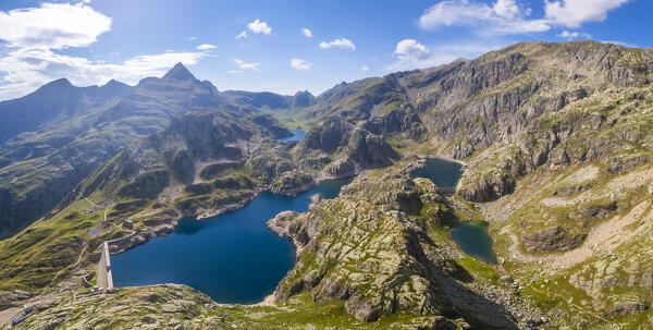 Aerial view of the many lakes of Valgoglio during summer time. Valgoglio, Val Seriana, Bergamo district, Lombardy, Italy, Southern Europe.