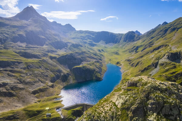 Aerial view of the Aviasco lake during summer time. Valgoglio, Val Seriana, Bergamo district, Lombardy, Italy, Southern Europe.