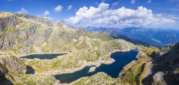 Aerial view of the Lago Nero and Lago Campelli alto during summer time. Valgoglio, Val Seriana, Bergamo district, Lombardy, Italy, Southern Europe.