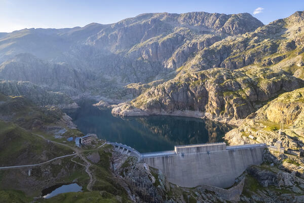 Aerial view of the Lago Nero during summer time at sunset. Valgoglio, Val Seriana, Bergamo district, Lombardy, Italy, Southern Europe.