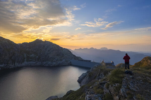 Aerial view of the Lago Nero during summer time at sunrise. Valgoglio, Val Seriana, Bergamo district, Lombardy, Italy, Southern Europe.