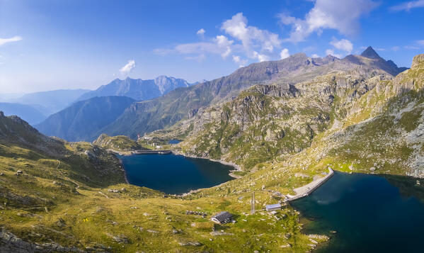 Aerial view of Lago Cernello and Lago Sucotto during summer time. Valgoglio, Val Seriana, Bergamo district, Lombardy, Italy, Southern Europe.