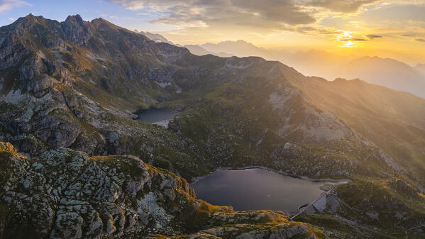 Aerial view of Lago Cernello and Lago Sucotto during summer time at sunrise. Valgoglio, Val Seriana, Bergamo district, Lombardy, Italy, Southern Europe.