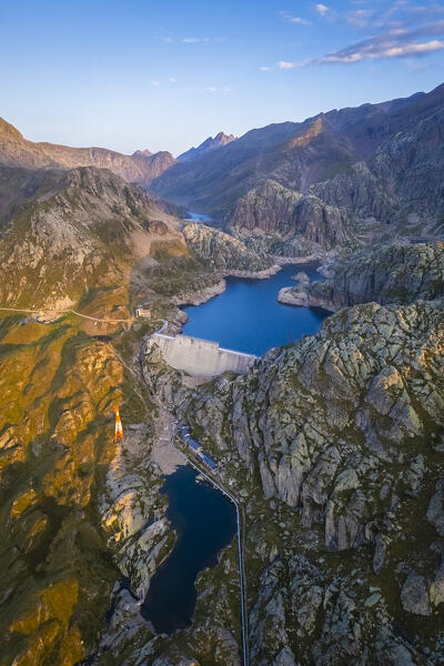 Aerial view of the Lago Nero during summer time at sunrise. Valgoglio, Val Seriana, Bergamo district, Lombardy, Italy, Southern Europe.