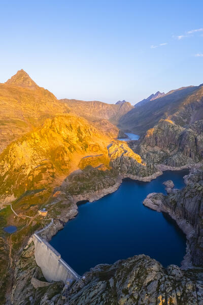 Aerial view of the Lago Nero during summer time at sunrise. Valgoglio, Val Seriana, Bergamo district, Lombardy, Italy, Southern Europe.