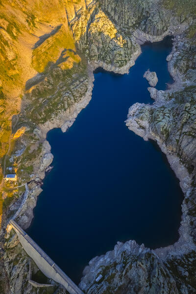 Aerial view of the Lago Nero during summer time at sunrise. Valgoglio, Val Seriana, Bergamo district, Lombardy, Italy, Southern Europe.