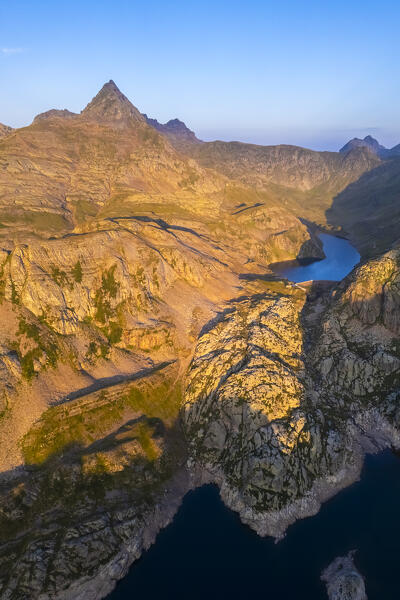 Aerial view of the Aviasco lake during summer time at sunrise. Valgoglio, Val Seriana, Bergamo district, Lombardy, Italy, Southern Europe.