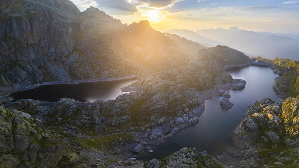Aerial view of the Lago Nero and Lago Campelli alto during summer time at sunrise. Valgoglio, Val Seriana, Bergamo district, Lombardy, Italy, Southern Europe.