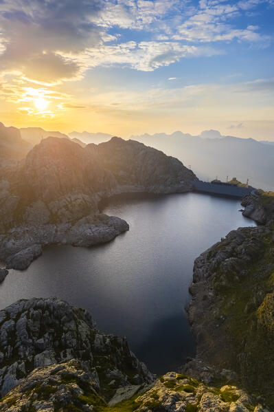 Aerial view of the Lago Nero during summer time at sunrise. Valgoglio, Val Seriana, Bergamo district, Lombardy, Italy, Southern Europe.