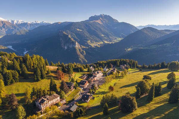 Aerial view of the Presolana Pass and the Pizzo Camino after an autumn sunrise. Presolana pass, Colere, Seriana Valley, Bergamo province, Lombardy, Italy.