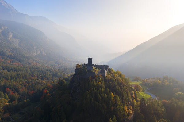 Aerial view of the ruins of the Castle of Graines. municipality of Brusson,Vallon de Frudiere, Val d'Ayas, Aosta Valley, Italian alps, Italy.