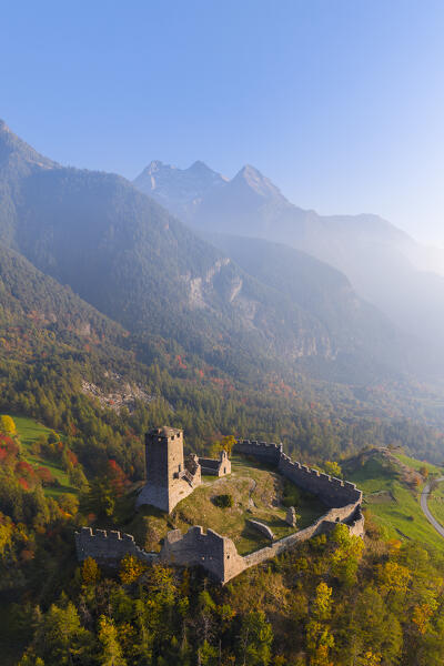 Aerial view of the ruins of the Castle of Graines. municipality of Brusson,Vallon de Frudiere, Val d'Ayas, Aosta Valley, Italian alps, Italy.