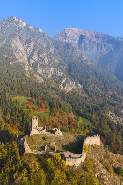 Aerial view of the ruins of the Castle of Graines. municipality of Brusson,Vallon de Frudiere, Val d'Ayas, Aosta Valley, Italian alps, Italy.