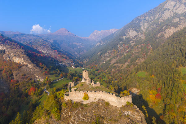 Aerial view of the ruins of the Castle of Graines. municipality of Brusson,Vallon de Frudiere, Val d'Ayas, Aosta Valley, Italian alps, Italy.