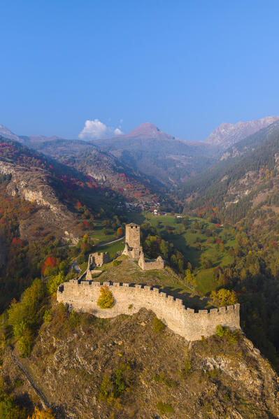 Aerial view of the ruins of the Castle of Graines. municipality of Brusson,Vallon de Frudiere, Val d'Ayas, Aosta Valley, Italian alps, Italy.