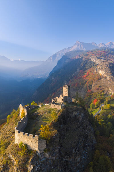 Aerial view of the ruins of the Castle of Graines. municipality of Brusson,Vallon de Frudiere, Val d'Ayas, Aosta Valley, Italian alps, Italy.