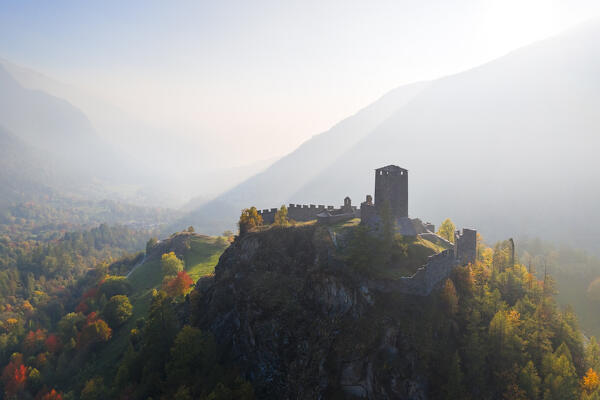 Aerial view of the ruins of the Castle of Graines. municipality of Brusson,Vallon de Frudiere, Val d'Ayas, Aosta Valley, Italian alps, Italy.