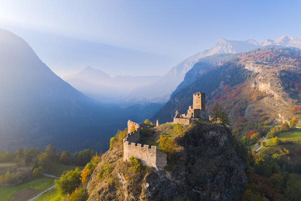 Aerial view of the ruins of the Castle of Graines. municipality of Brusson,Vallon de Frudiere, Val d'Ayas, Aosta Valley, Italian alps, Italy.