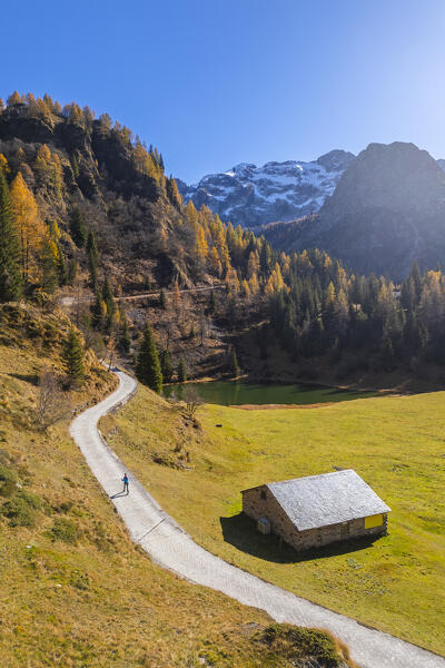 Aerial view of the Lago Rotondo surroundings with the trail to rifugio Calvi. Carona, Val Brembana, Alpi Orobie, Bergamo, Bergamo Province, Lombardy, Italy, Europe.