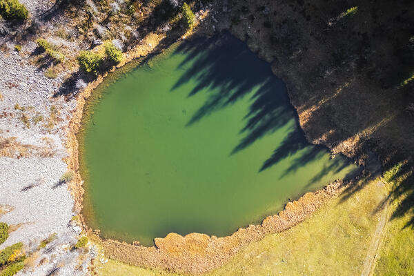 Aerial view of the Lago Rotondo surroundings with the trail to rifugio Calvi. Carona, Val Brembana, Alpi Orobie, Bergamo, Bergamo Province, Lombardy, Italy, Europe.