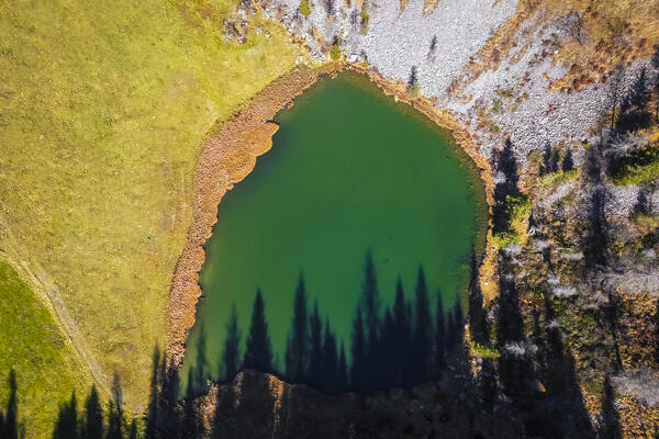 Aerial view of the Lago Rotondo surroundings with the trail to rifugio Calvi. Carona, Val Brembana, Alpi Orobie, Bergamo, Bergamo Province, Lombardy, Italy, Europe.