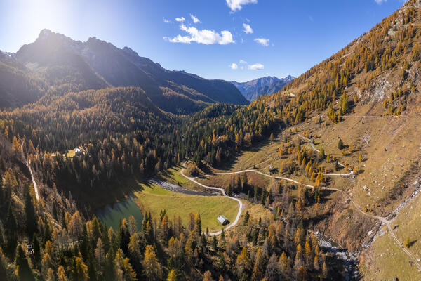 Aerial view of the Lago Rotondo surroundings with the trail to rifugio Calvi. Carona, Val Brembana, Alpi Orobie, Bergamo, Bergamo Province, Lombardy, Italy, Europe.