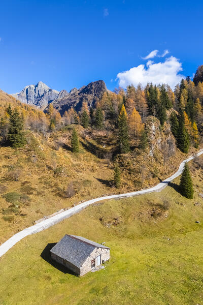 Aerial view of the Lago Rotondo surroundings with the trail to rifugio Calvi. Carona, Val Brembana, Alpi Orobie, Bergamo, Bergamo Province, Lombardy, Italy, Europe.