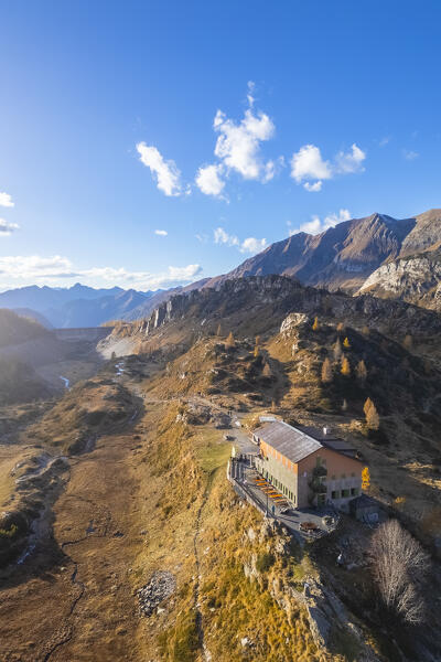 Aerial view of the Rifugio Calvi in autumn at sunset. Carona, Val Brembana, Alpi Orobie, Bergamo, Bergamo Province, Lombardy, Italy, Europe.