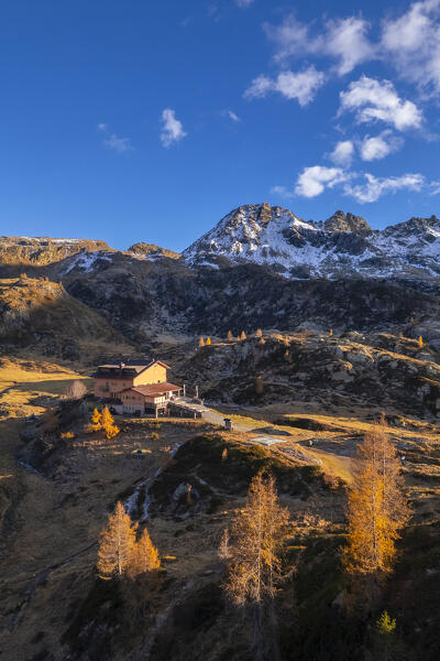 Aerial view of the Rifugio Calvi in autumn at sunset. Carona, Val Brembana, Alpi Orobie, Bergamo, Bergamo Province, Lombardy, Italy, Europe.