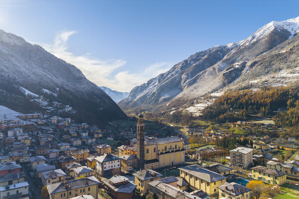 Aerial view of the beautiful village of Ardesio in winter after a snowfall. Ardesio, Orobie alps, Lombardy district, Bergamo province, Italy, Europe.