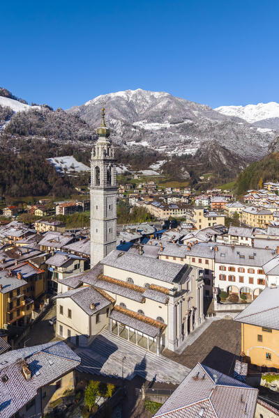 Aerial view of the beautiful village of Ardesio in winter after a snowfall. Ardesio, Orobie alps, Lombardy district, Bergamo province, Italy, Europe.
