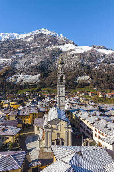 Aerial view of the beautiful village of Ardesio in winter after a snowfall. Ardesio, Orobie alps, Lombardy district, Bergamo province, Italy, Europe.