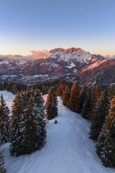 View of the Presolana during a winter sunset from Monte Pora, Val Seriana, Bergamo district, Lombardy, Italy.
