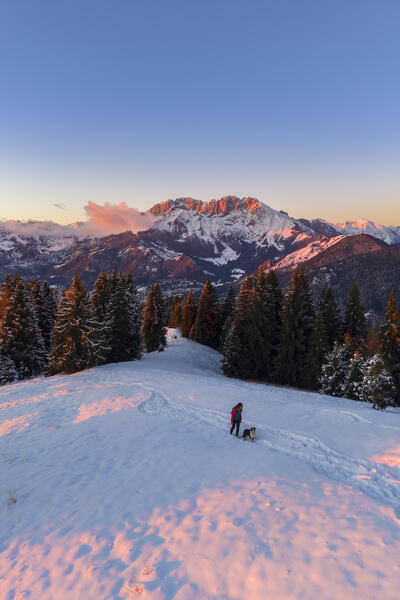 View of the Presolana during a winter sunset from Monte Pora, Val Seriana, Bergamo district, Lombardy, Italy.
