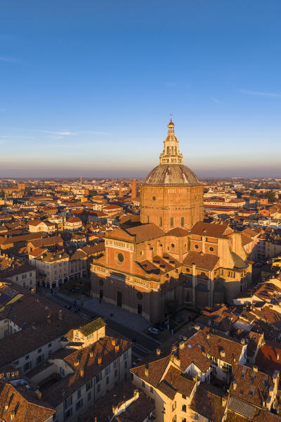 Aerial view of the Pavia cathedral in winter at sunset. Pavia, Lombardy, Italy, Europe.