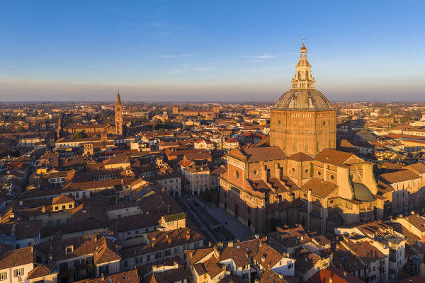 Aerial view of the Pavia cathedral in winter at sunset. Pavia, Lombardy, Italy, Europe.