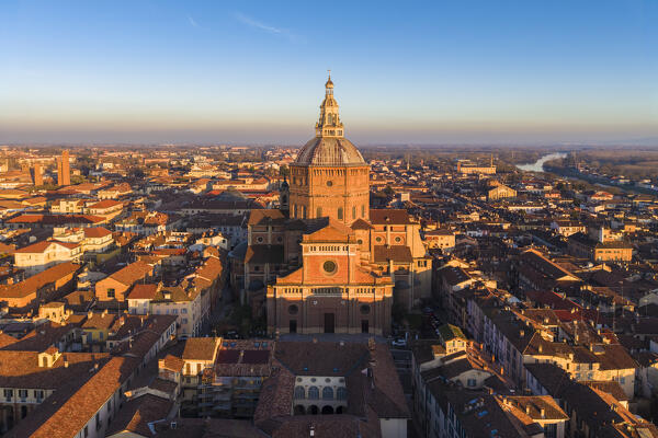 Aerial view of the Pavia cathedral in winter at sunset. Pavia, Lombardy, Italy, Europe.
