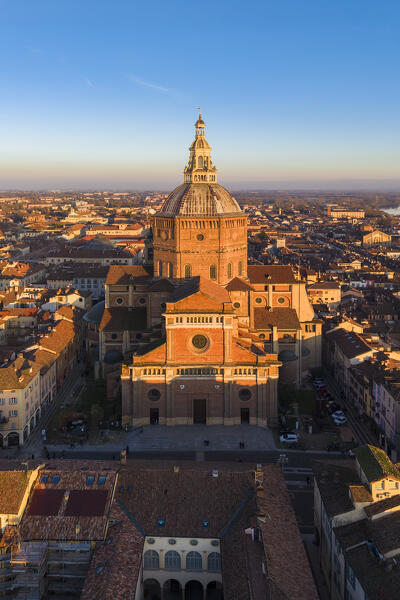 Aerial view of the Pavia cathedral in winter at sunset. Pavia, Lombardy, Italy, Europe.