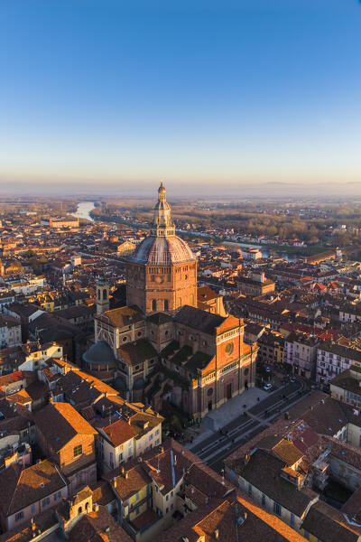 Aerial view of the Pavia cathedral in winter at sunset. Pavia, Lombardy, Italy, Europe.