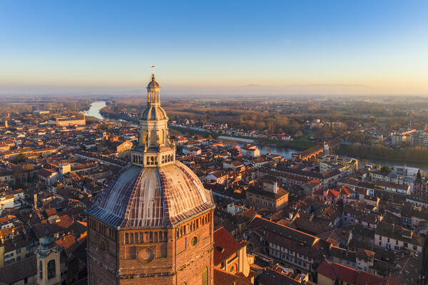 Aerial view of the Pavia cathedral in winter at sunset. Pavia, Lombardy, Italy, Europe.
