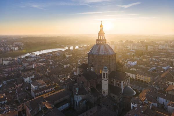 Aerial view of the Pavia cathedral in winter at sunset. Pavia, Lombardy, Italy, Europe.