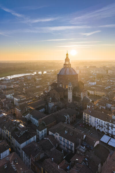 Aerial view of the Pavia cathedral in winter at sunset. Pavia, Lombardy, Italy, Europe.