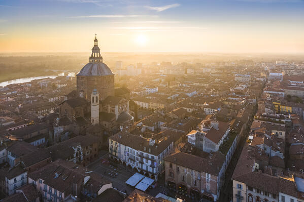 Aerial view of the Pavia cathedral in winter at sunset. Pavia, Lombardy, Italy, Europe.
