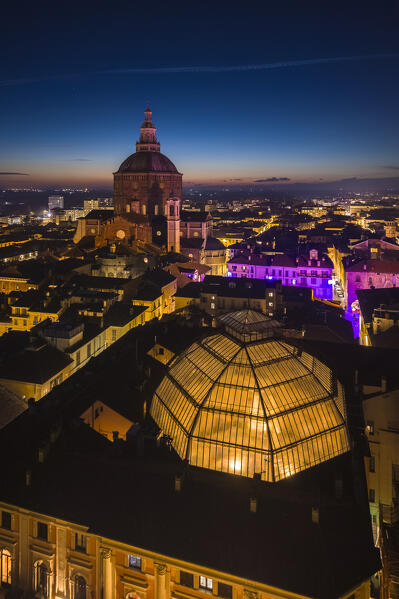 Aerial view of the Arnaboldi dome in winter at blue hour. Pavia, Lombardy, Italy, Europe.