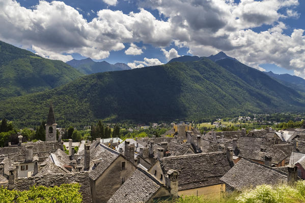Clouds over the rooftops of Craveggia, Val Vigezzo, Piedmont, Italy.