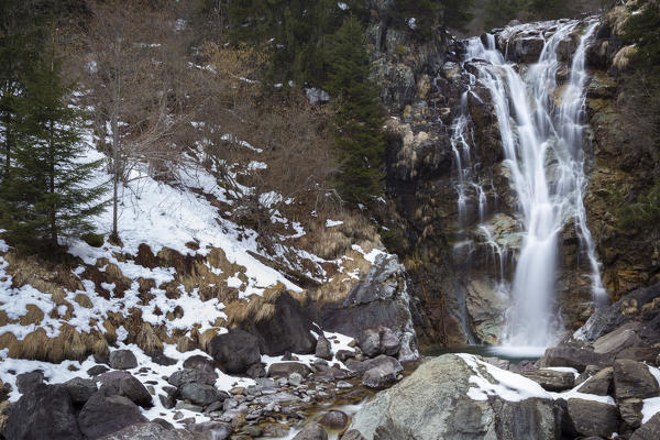Winter view of Vo' waterfall near Schilpario, Val di Scalve, Bergamo province, Lombardy, Italy.