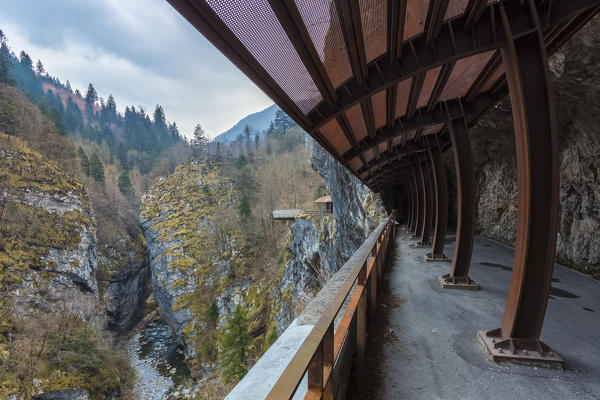 View of catwalk on Via Mala di Scalve, Dezzo di Scalve, Val di Scalve, Bergamo province, Lombardy, Italy.