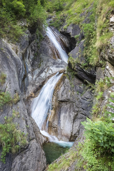 Two waterfalls in Messasca, on the road to Bognanco, Val Bognanco, Piedmont, Italy.