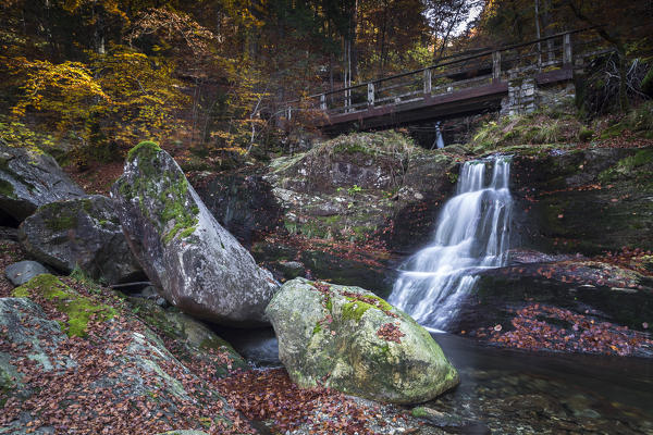 Autumnal views of the waterfalls in Val del Lupo, near Gagnone-Orcesco, Druogno, Val Vigezzo, Piedmont, Italy.